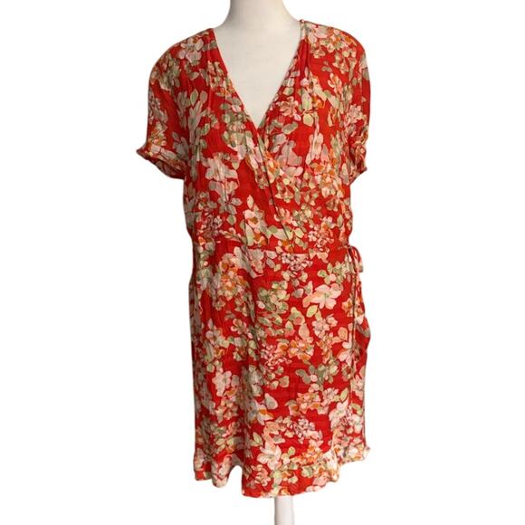 J. Jill Red Floral Flutter Sleeve Wrap Dress Size Large - Picture 1 of 8